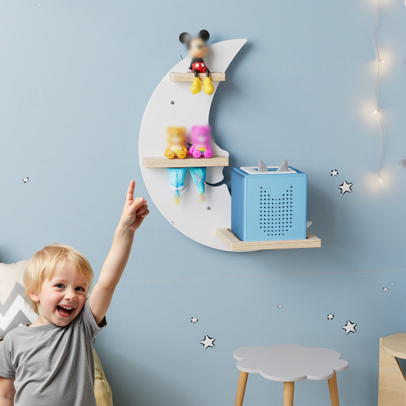 Moon Tonie Shelf - White Magnetic Wooden Floating Shelf For 9-18 Tonie Figures, Cute Kids Room Wall Mounted Shelf