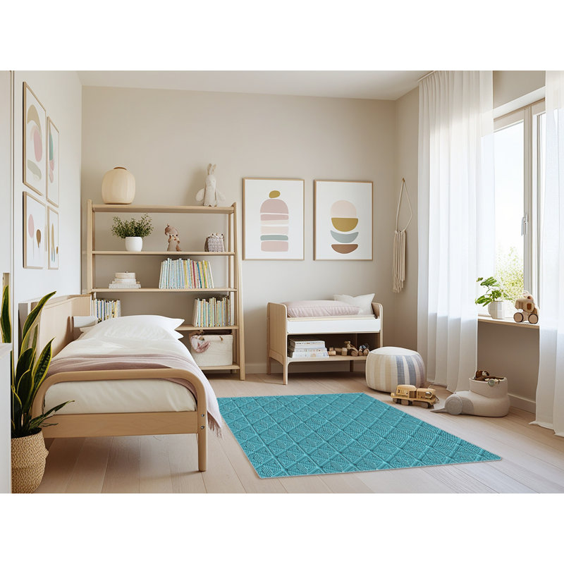 Tapis bleu sarcelle géométrique tissé à la machine, Rectangle 4 pi x 6 pi