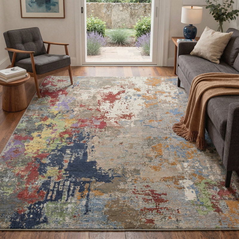 Mignone Aura Abstract Machine Washable Grey / Blue / Red Indoor Area Rug with Non-Slip Backing, Rectangle 8' x 10'