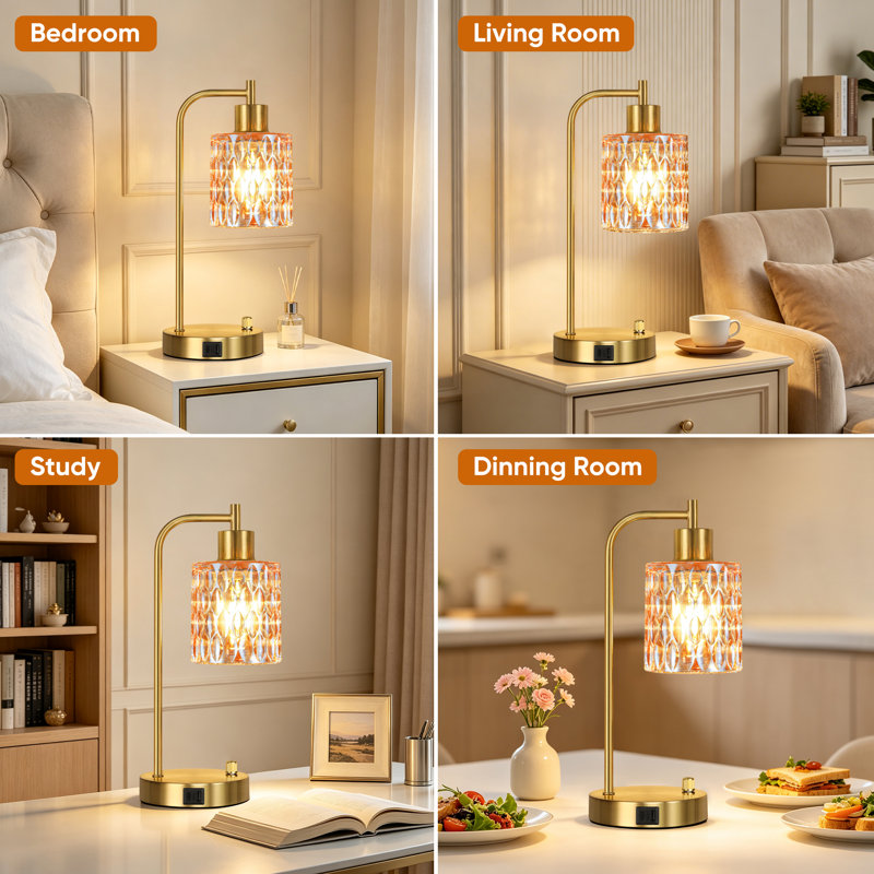 Ensemble de 2 lampes de table modernes de 40 cm avec abat-jour en verre champagne, lampes de chevet à intensité variable avec ports de chargement USB A et C pour chambre ou salon.