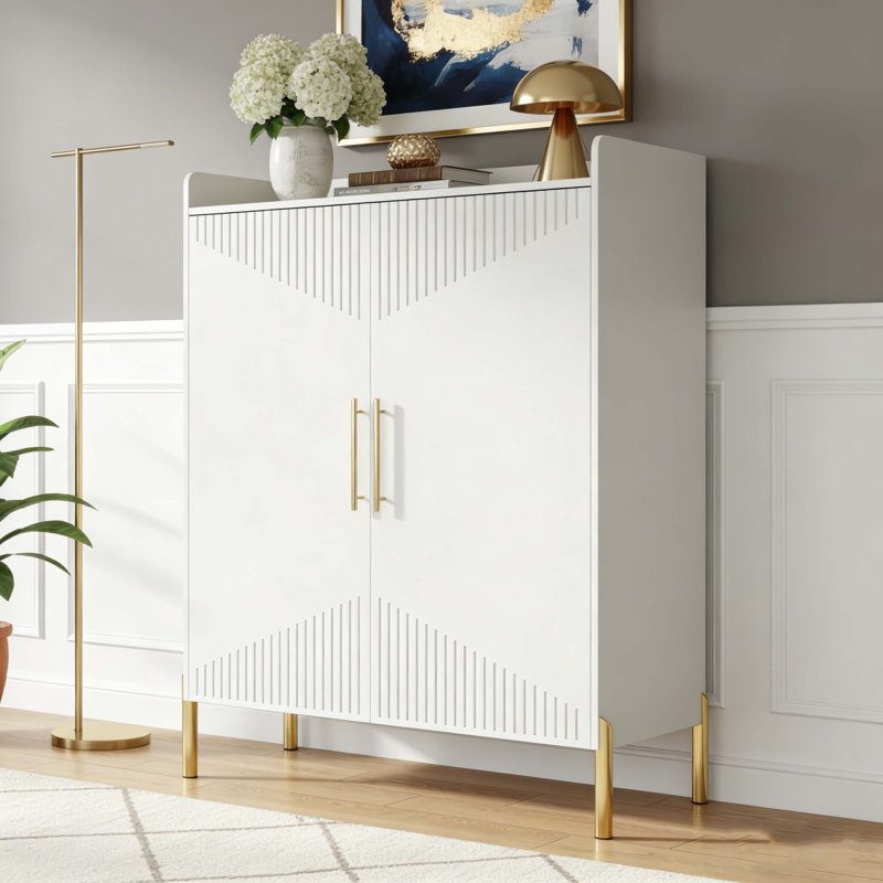 Modern Shoe Rack Organizer with Closed Storage Doors, White and Gold