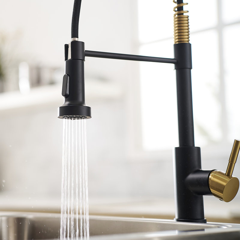 Robinet de cuisine escamotable en beige et or - construction, levier simple d'entretien facile avec surface de pulvérisation, intensité de l'eau réglable