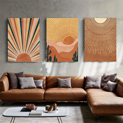 Paysage bohémien, ensemble d'impressions sur toile - orange vif désert, art mural moderne, esthétique médiévale, convient au salon, à la chambre à coucher et à la maison