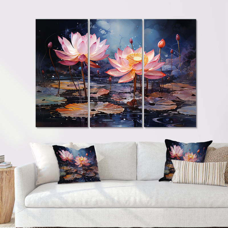 Enchanted Lotus Waters - ensemble de salon d'art mural Lotus, H 28 po x l 36 po x P 1 po