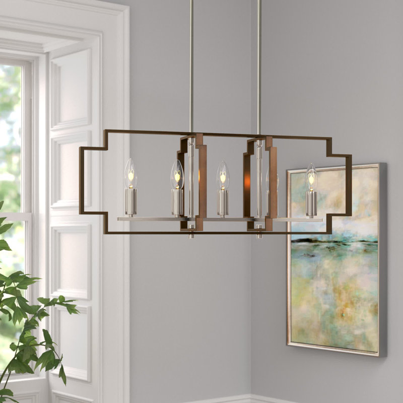 Lustre carré / rectangulaire en fer forgé à 5 lumières de style lanterne / îlot de cuisine Bartow, Grain de bois / nickel