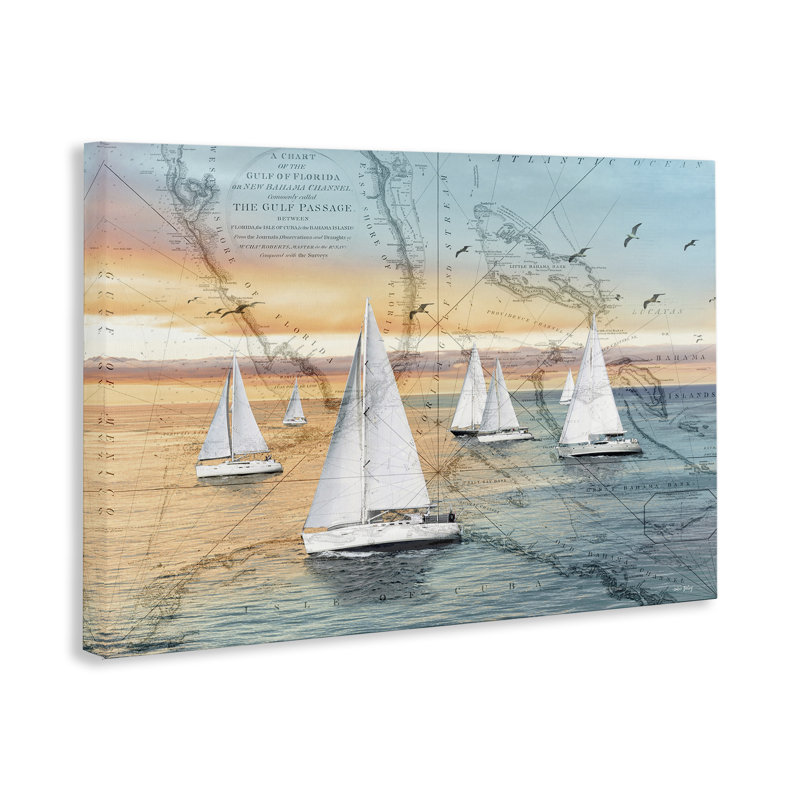 Navires nautiques et toile de carte rétro, design par Amber Sterling, H 16 po x l 24 po