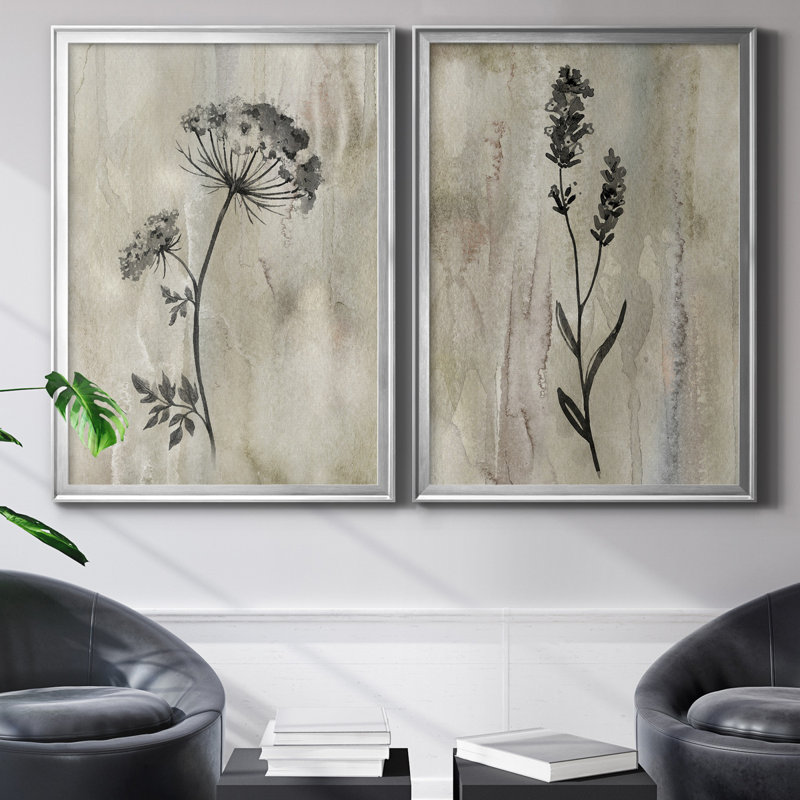 «Sumi-e Silhouette I», ensemble de 2 reproductions d'art, H 26,5 po x l 73 po, Toile avec cadre, Argent argent
