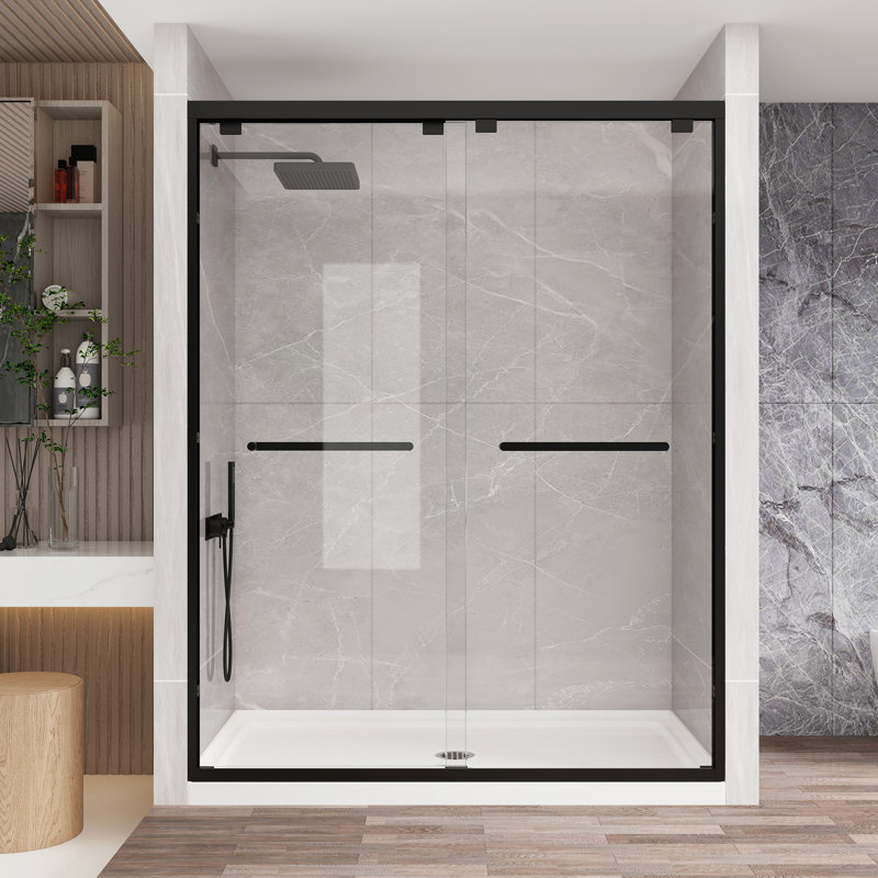 Porte de douche encadrée à double porte 61 po x 66 po x H 76 po noir mat avec deux porte-serviettes, revêtement facile à nettoyer, film antidéflagrant