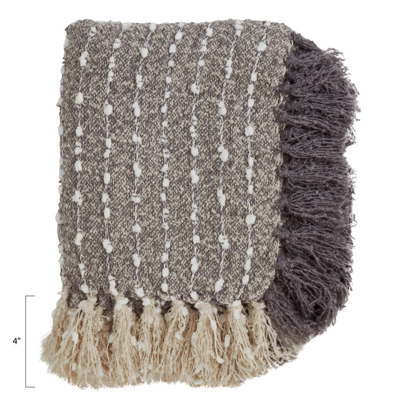 Heathered Gray Chunky Throw Blanket with Pompom Tassels