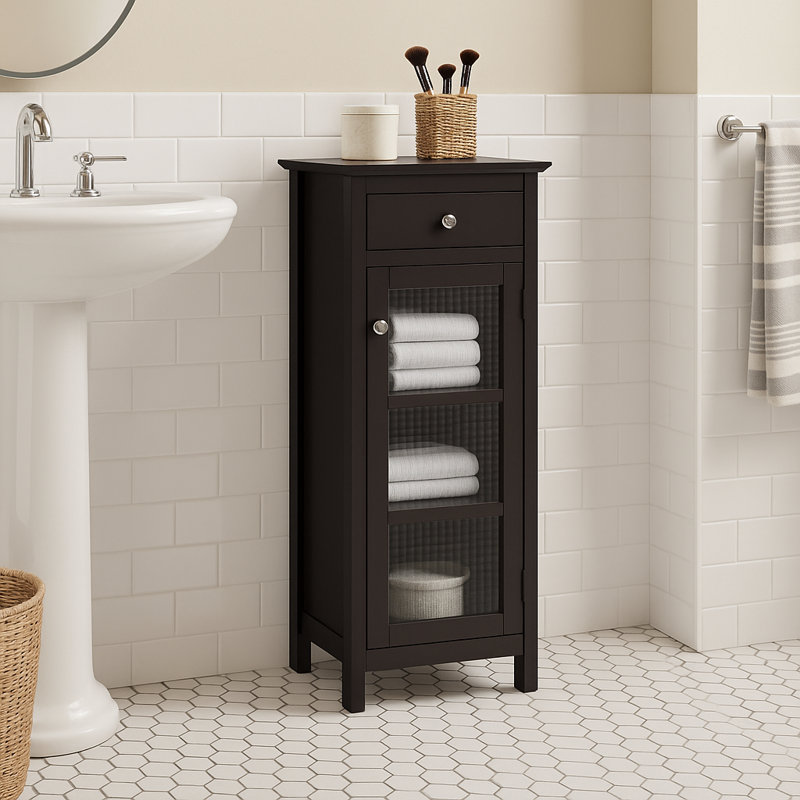 Armoire d'appoint de rangement autoportante avec porte en verre gaufré, tiroir et tablettes