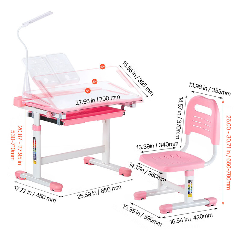 Ensemble bureau et chaise pour enfants, avec lampe de bureau, hauteur réglable et plateau inclinable de 0 à 40°. Parfait pour la chambre ou le bureau.
