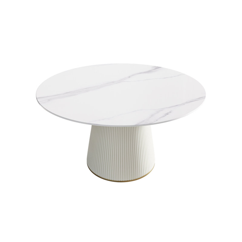 Table de salle à manger 53,15 po en pierre artificielle blanche ronde ronde avec base en contreplaqué beige et polyuréthane pouvant accueillir 6 personnes (sans les chaises)