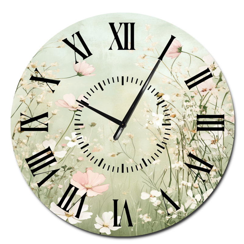 Soft Meadow Blooming Daisies - Horloge murale ronde silencieuse en métal Cottage, Surdimensionné