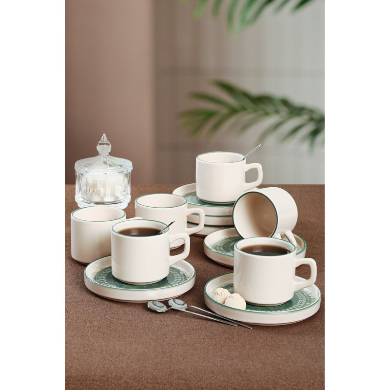 Ensemble de 12 tasses à thé élégantes, blanc et vert, 6 tasses (6,9 oz) et 6 soucoupes (5,5 po) | 100% céramique, antibactérien, résistant aux chocs thermiques | Va au lave-vaisselle et au micro-ondes, facile à nettoyer, parfait pour les amateurs 