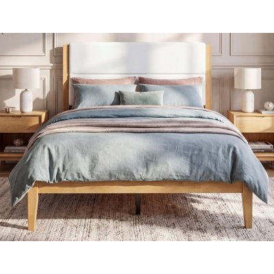 Structure de lit plateforme Mid-Century moderne avec tête de lit tapissier, support de lattes en bois massif, aucun sommier requis, assemblage facile, grand lit