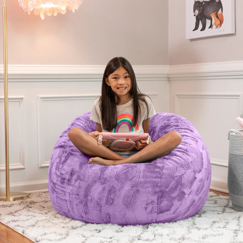 Fauteuil à billes mauve en fausse fourrure, housse amovible lavable à la machine, siège décontracté pour chambre d'enfant