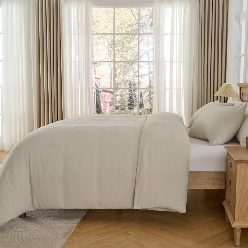 Farmhouse Linen Cotton Duvet Cover 3 Pieces Set Herringbone Weave, Queen Duvet Cover + 2 Queen Shams