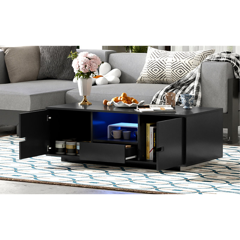 Table basse rectangulaire moderne ultrabrillante, table centrale élégante avec espace de rangement, mobilier d'appoint avec 16 lumières DEL de couleur pour le salon