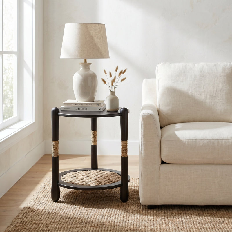 Arnkell Round Wood End Table With Seagrass Shelf, Smoked Oak