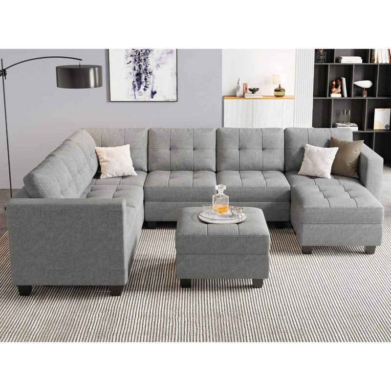 Canapé modulaire réversible de l 143 po avec repose-pieds avec rangement, Lin gris pâle