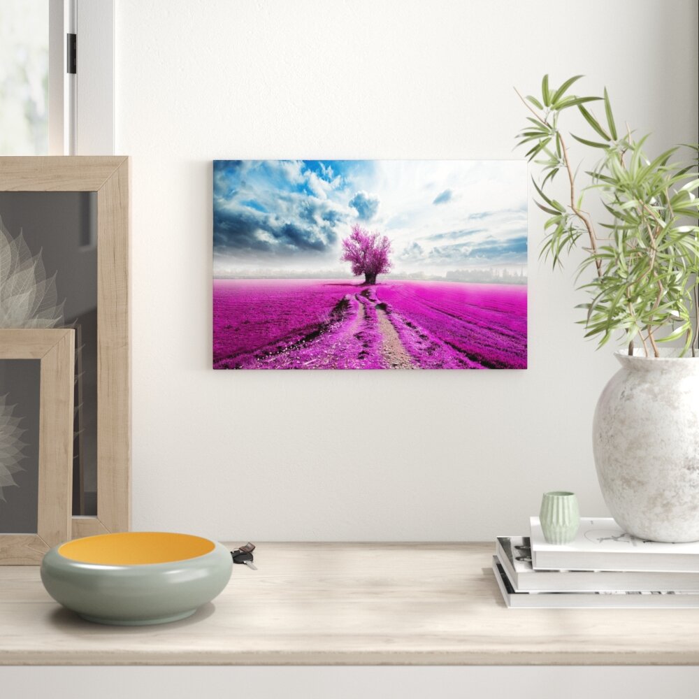 Leinwandbild ,,Pinkes Feld mit pinkem Baum", Grafikdruck