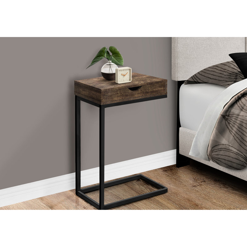 Table de salon avec tiroir, finition en stratifié brun et base moderne en métal noir, métal, pour l'intérieur de la chambre à coucher