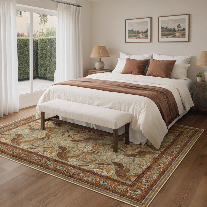 Floral Performance Non-Slip Machine-Washable Area Rug, Rectangle 8' x 10', Brown/Beige