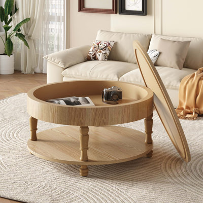 Table basse avec rangement double pour le salon, table basse ronde moderne de 31,5 po avec rangement et compartiment caché, pieds de nivellement réglables, assemblage facile