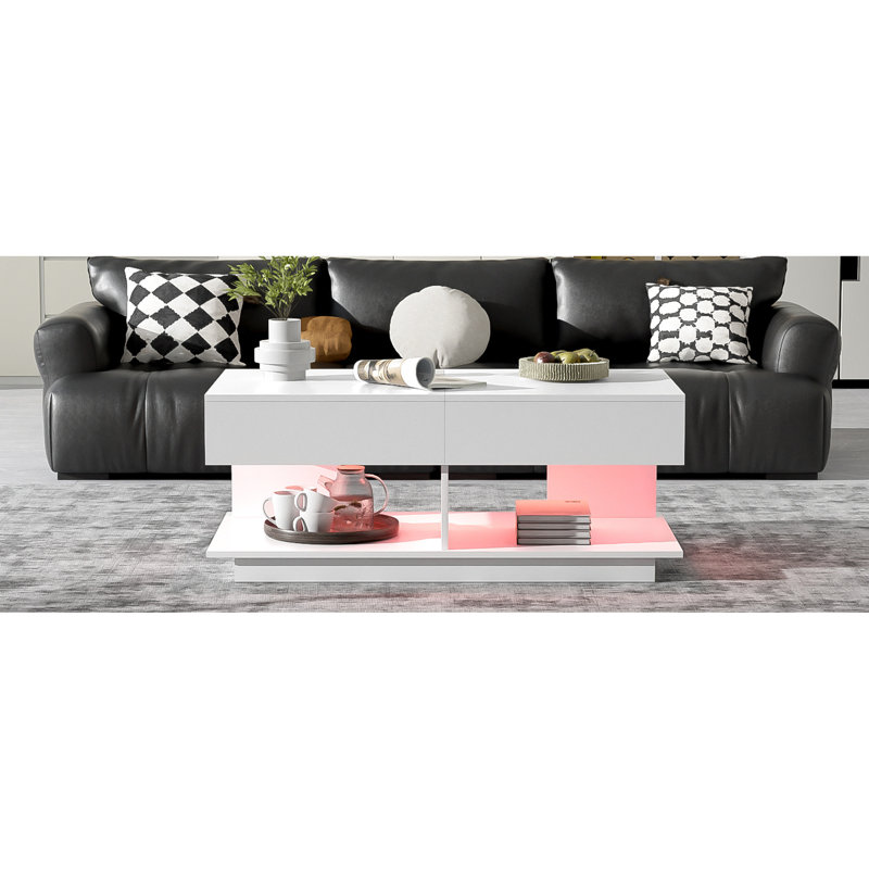 Table basse centrale extensible de 41,3 po à 76,7 po avec beaucoup de rangement, éclairage à DEL de 16 couleurs et compartiments de rangement cachés réglables à installation rapide, conception moderne pour l'espace de vie
