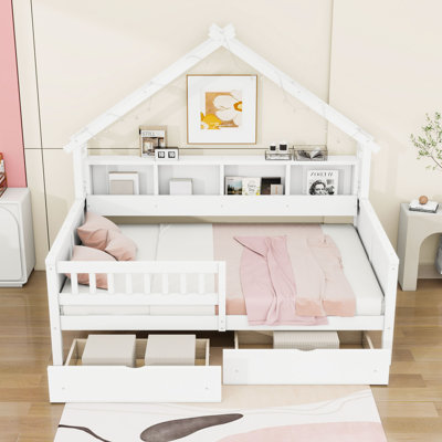 Full Two Drawers Wood House Platform Bed with LED Lights and Storage Shelves