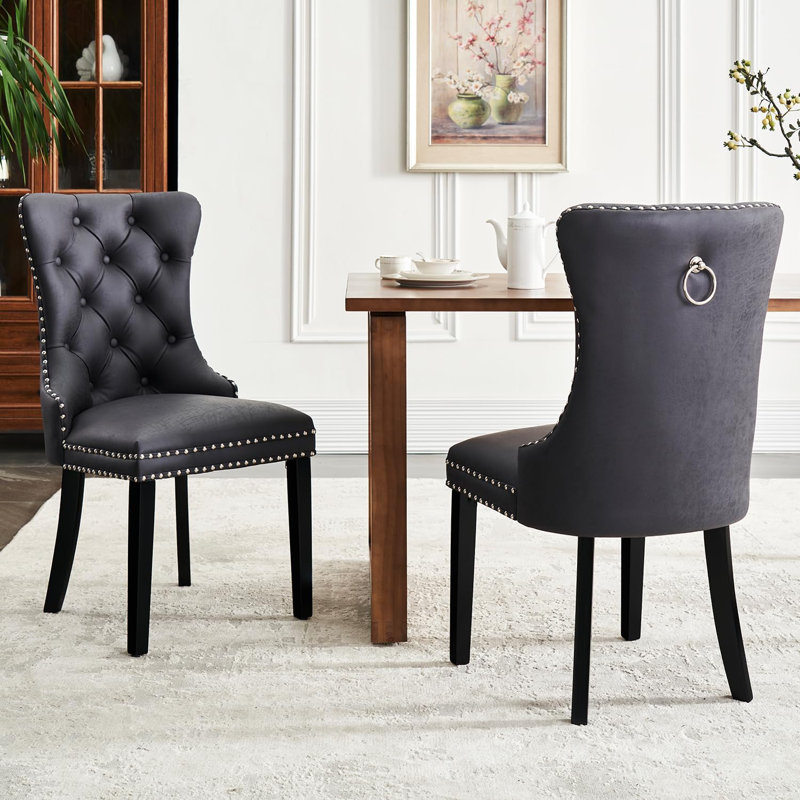Black Velvet Upholstered Tufted Side Chair with Wood Legs