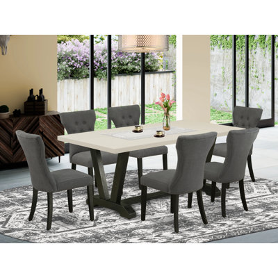 Ensemble de table de salle à manger de 7 pièces avec un magnifique plateau en lin blanc et 6 magnifiques chaises de cuisine Parson avec têtes de clou et lin capitonné blanc brossé
