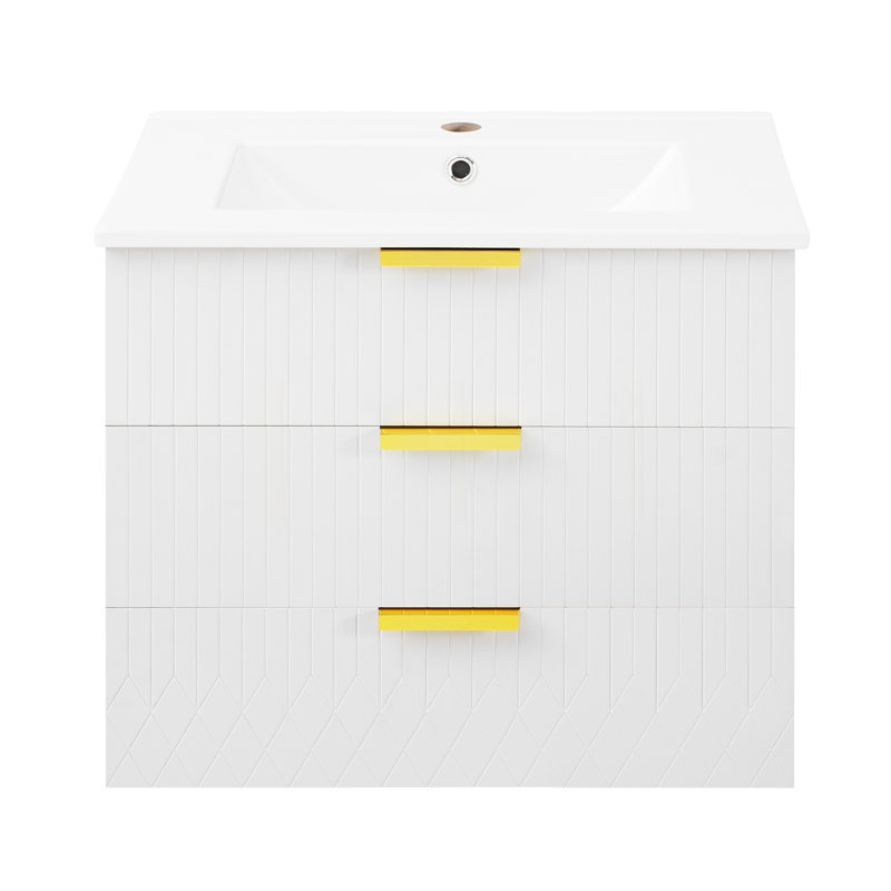Armoire murale suspendue 24 po avec tiroir double, petit lavabo de salle de bain rectangulaire flottant avec trou de robinet simple et trop-plein, armoire de salle de bain moderne avec lavabo en céramique