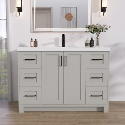 Base de meuble-lavabo simple 48 po en bois massif gris clair autoportant avec fermeture en douceur