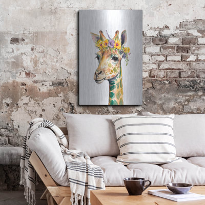 Art mural en métal Latitude Run® «Giraffe With Flowers» par Svetlana Aleynikova