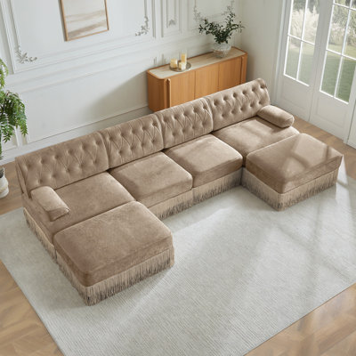 4-Seater With 2 Ottomans Cloud Modular Sectional,Tassel Skirt,Button Tufted Design,High-Density High Resilience Foam,Ergonomic Design,Premium Wooden Base,For Living Rooms Bedroom