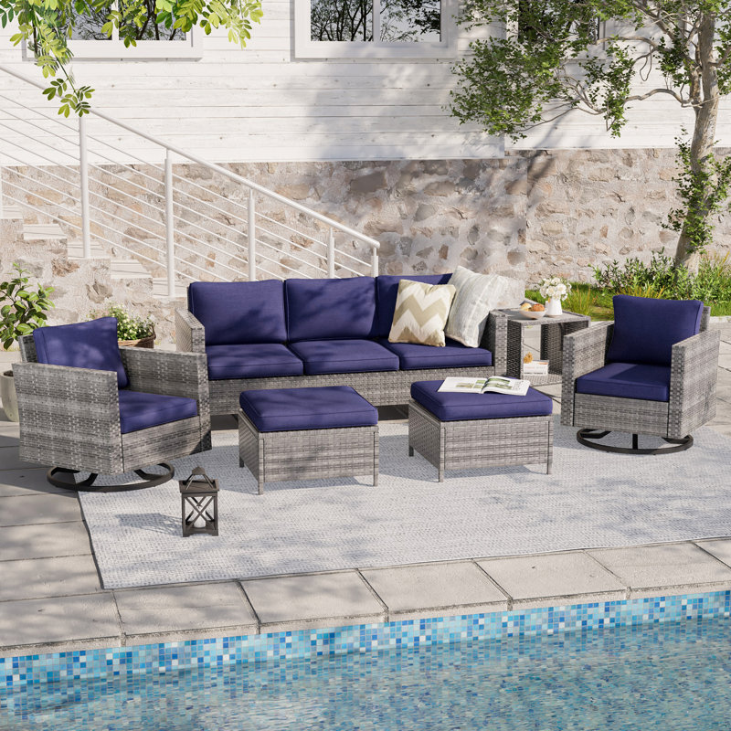 Charlenne 5 - Person Swivel Rocking Chair Outdoor Seating Group with Cushions, Gray, Navy Blue