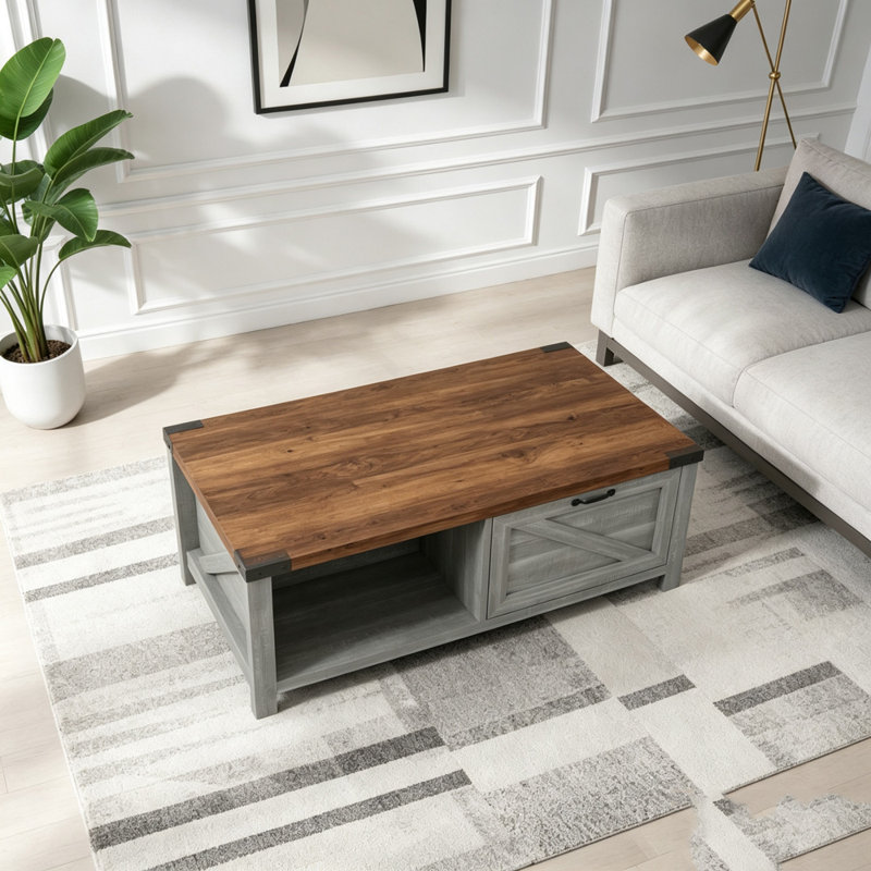 Table basse de style champêtre avec tiroir et étagères ouvertes