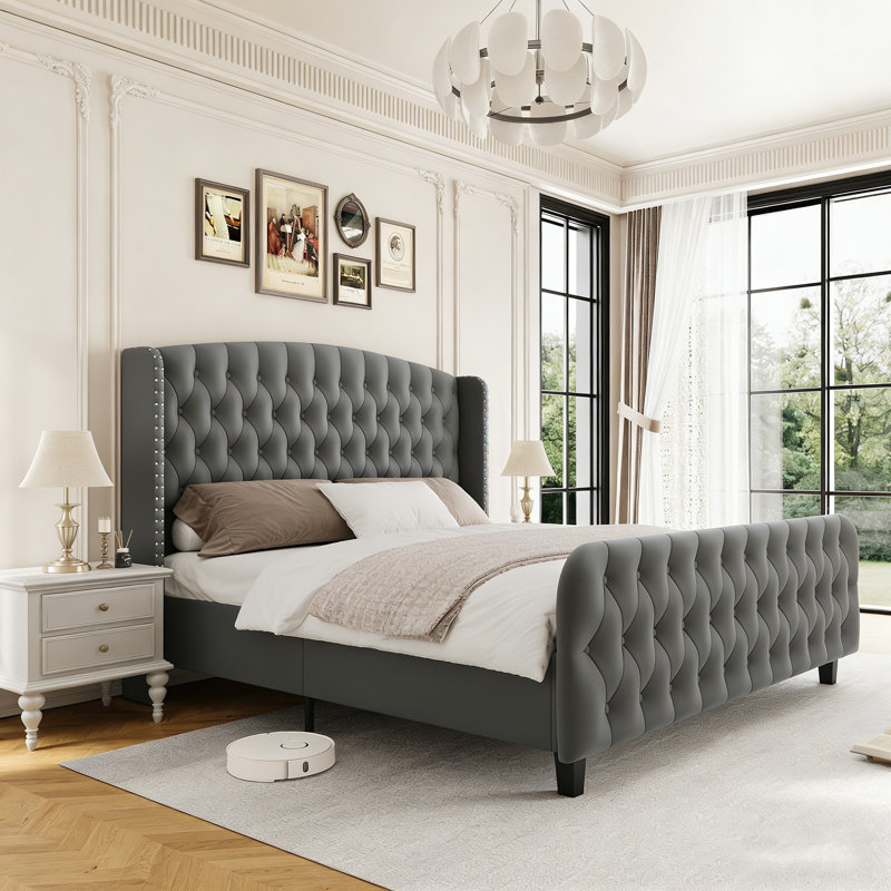 Modern King Size Bed Frame with 51'' Tall Wingback Headboard, Deep Button Tufted Soft Fabric Upholstered Bed, Noise-Free Wood Slats, No Box Spring Needed, Gray