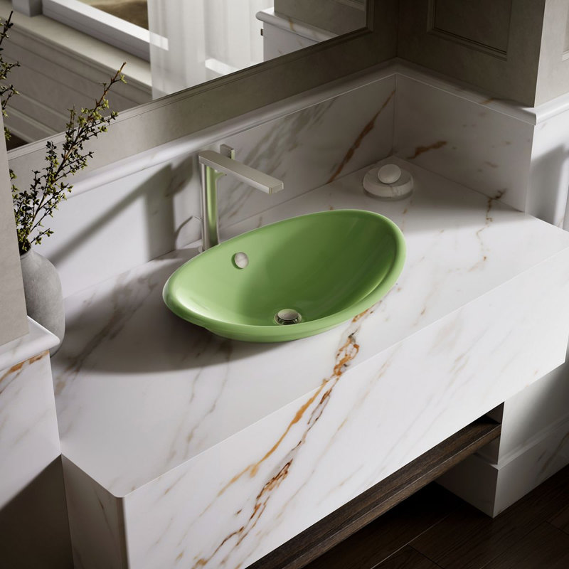Iron Plains Metal Oval Vessel Bathroom Sink with Overflow, Fresh Green