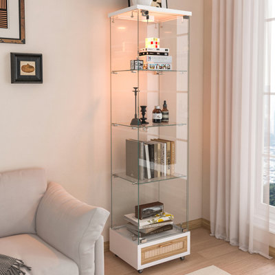 Cavender Antique - Style Tempered Glass Display Cabinet With Drawer, Locking Storage And Adjustable Led Lights For Small Bedrooms' Collectibles Modern 1 Door 4 Shelves 13 Colour Space Saving Design Bedroom