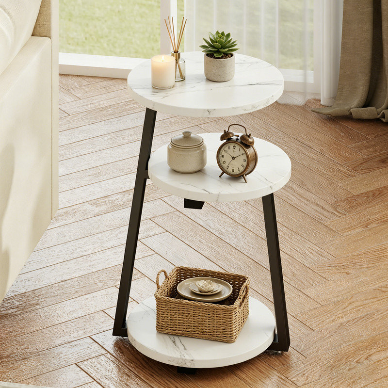 Table d'appoint ronde à 13 niveaux 13,85 po pour le salon, table de bout en métal blanc et noir avec tablettes en marbre, table basse peu encombrante pour livres et télécommandes - H 23,5 po