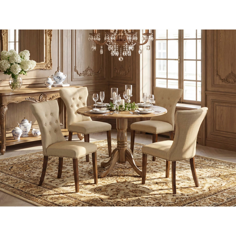 L'ensemble 5 pièces de table et chaises de cuisine comprend une table de salle à manger ronde avec Dropleaf et 4 chaises de salle à manger Parson en tissu brun naturel