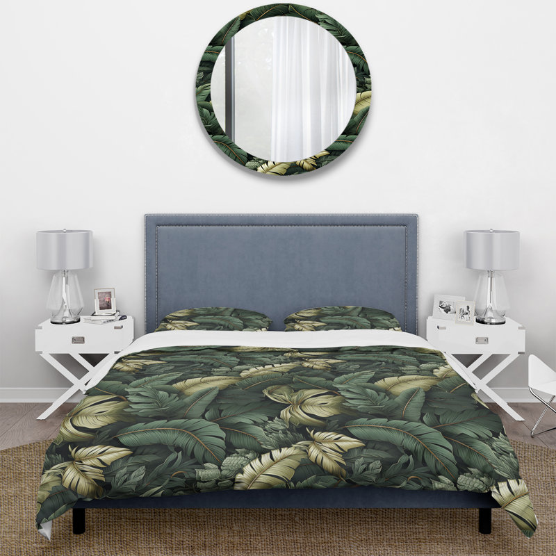 Literie verte à motif de feuilles tropicales de bananier IV, Housse de couette pour grand lit et 2 taies décor