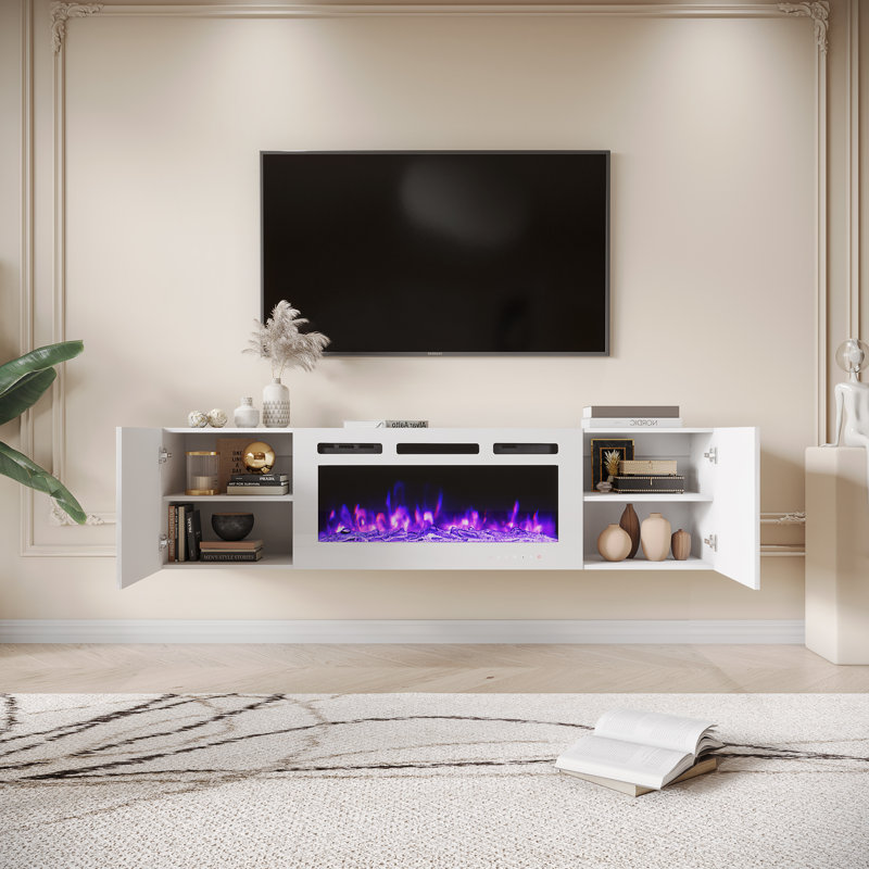 Meuble télé 70 po mural flottant avec foyer électrique inclus, Blanc
