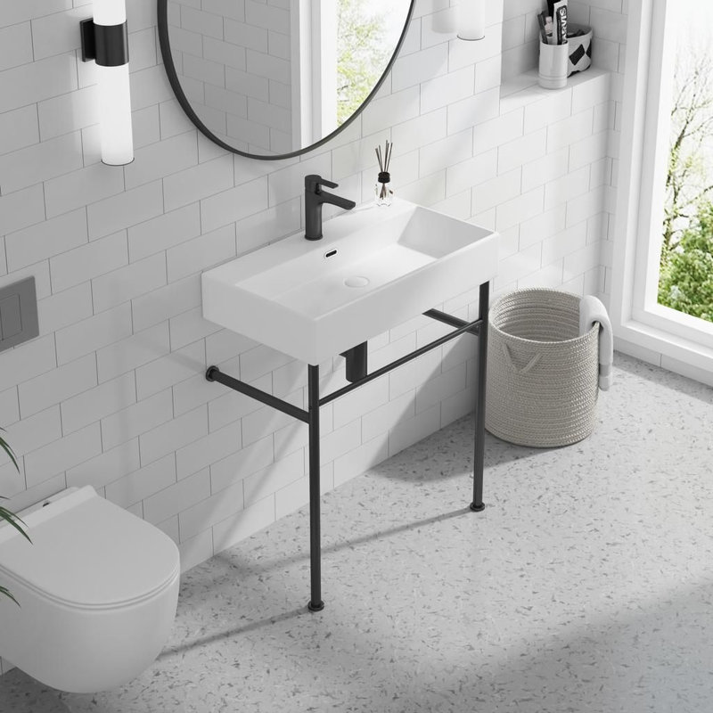 Lavabo de salle de bain rectangulaire en céramique avec trop-plein 30 po x l 16 po x P 35 po Turner, Blanc / noir mat