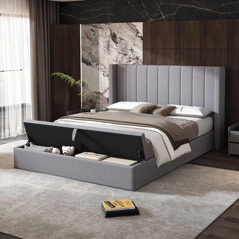 Grand lit plateforme tapissier avec rangement Tevyn
