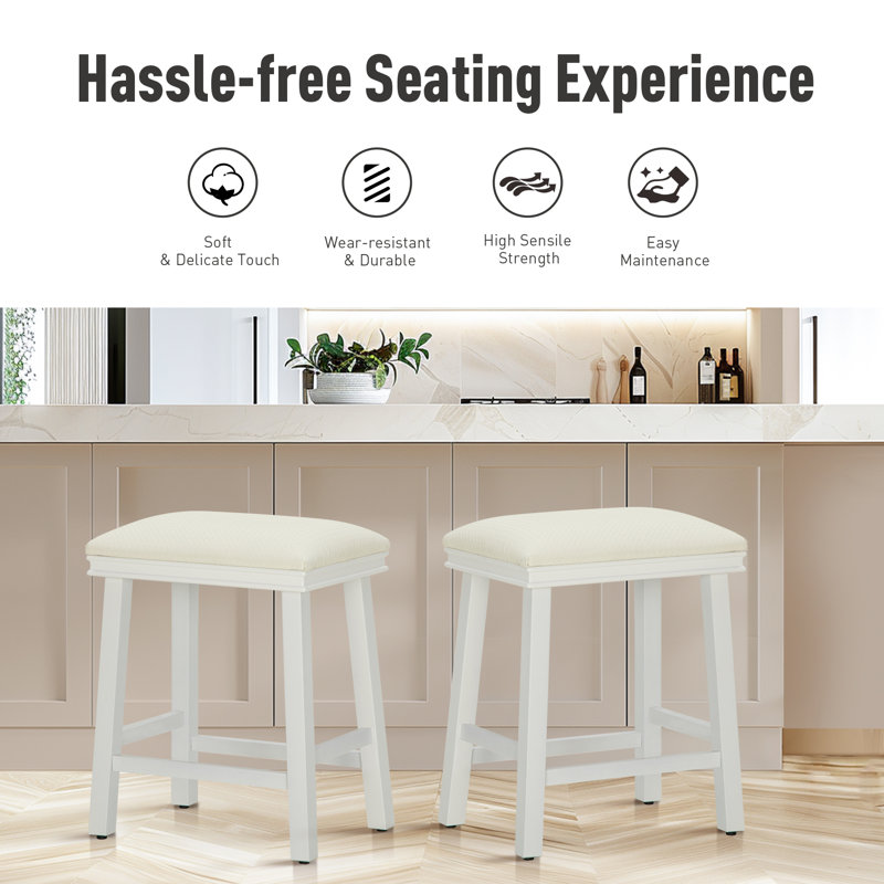 Tabouret de comptoir de cuisine sans dossier 24 po avec revêtement en éponge, Blanc, Blanc