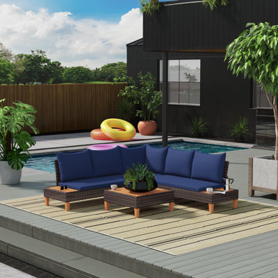 Alice-Anna 4pcs Patio Rattan Furniture Set Cushioned Loveseat W/wooden Side Table Navy by Wade Logan