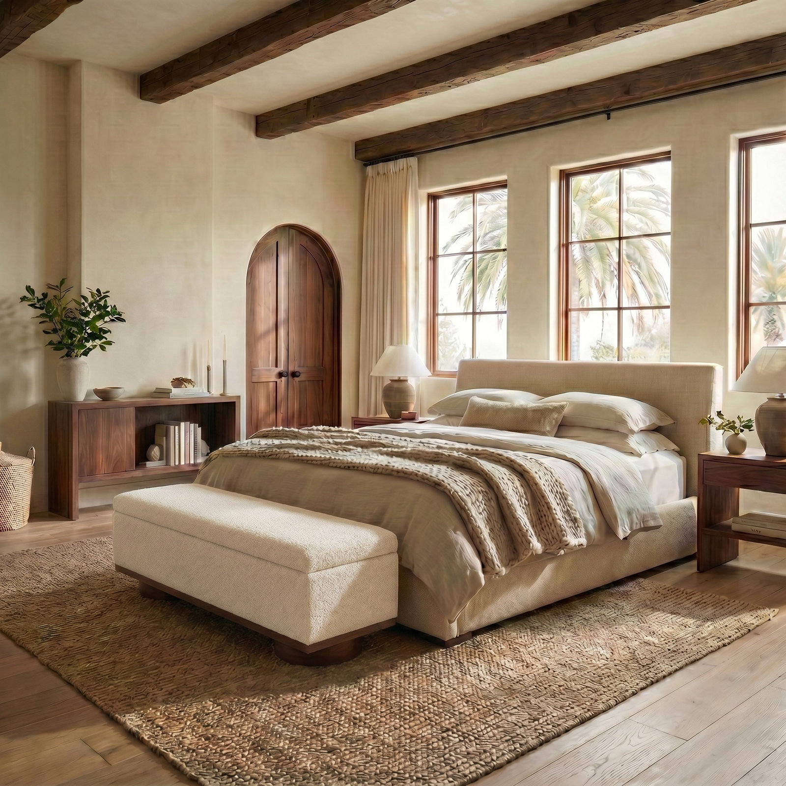 Morje 61" Linen Entryway Bench, Sand, Walnut